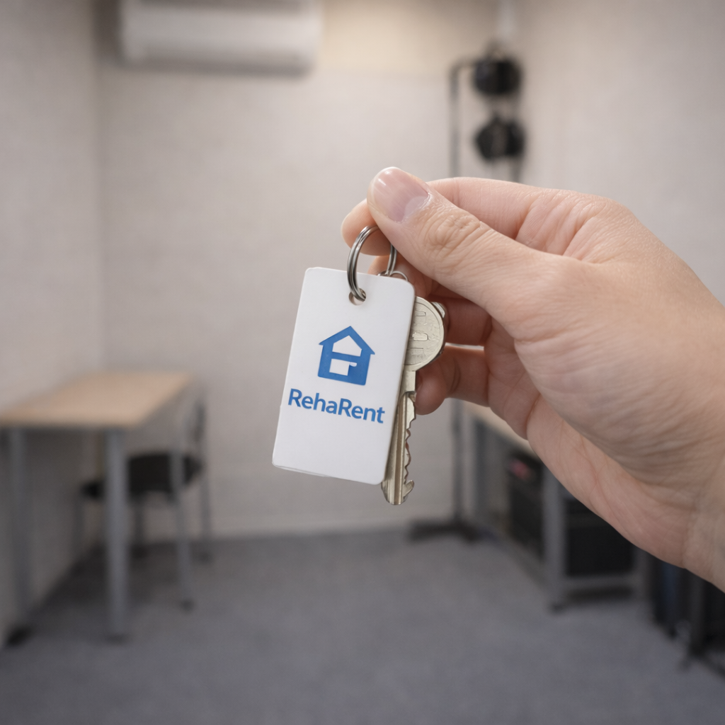 RehaRentのロゴ付きタグが付いた鍵を持ち、空き防音室を貸し出すイメージ