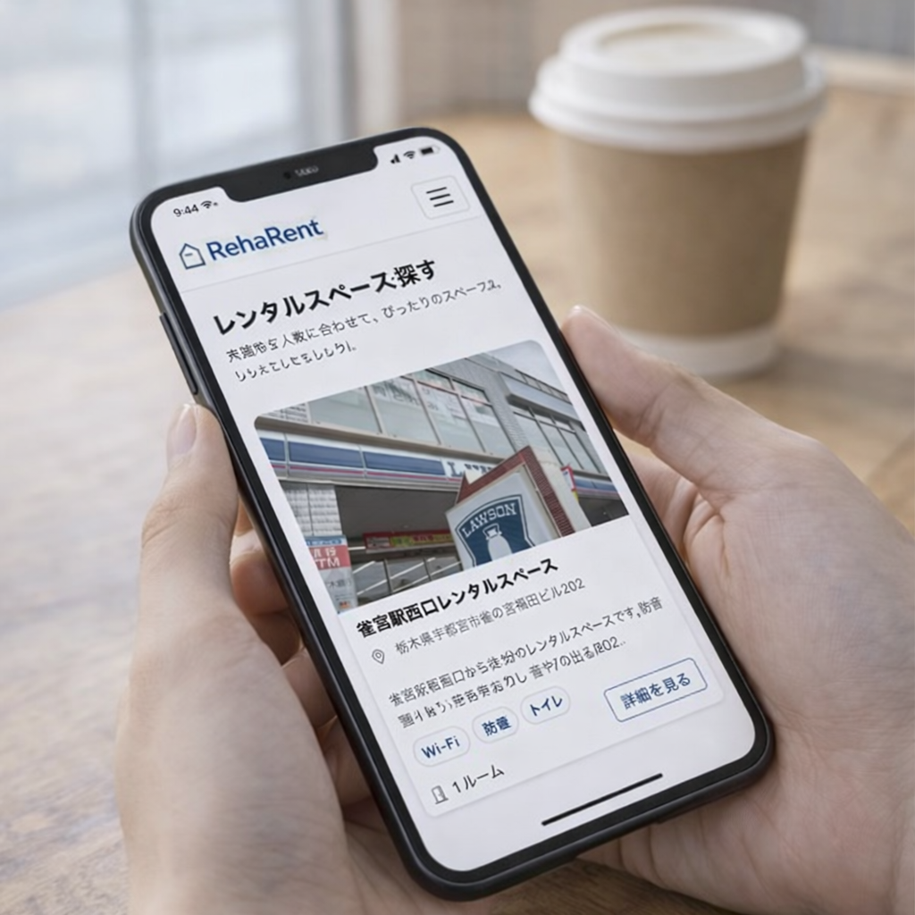 スマートフォンでレンタルスペースを予約している画面